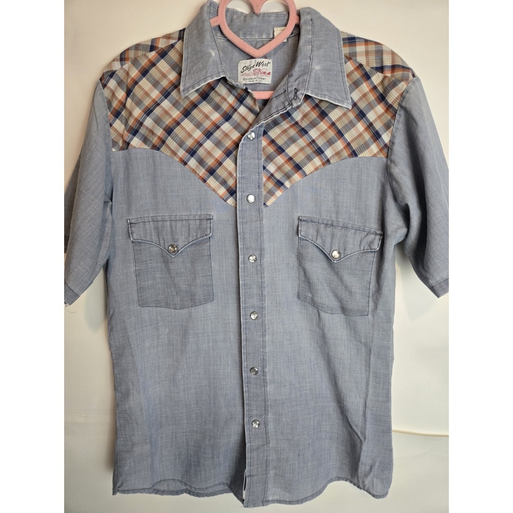 True Vintage 70s Stage West Western Wear Pearl Snap Shirt Size Medium Plaid